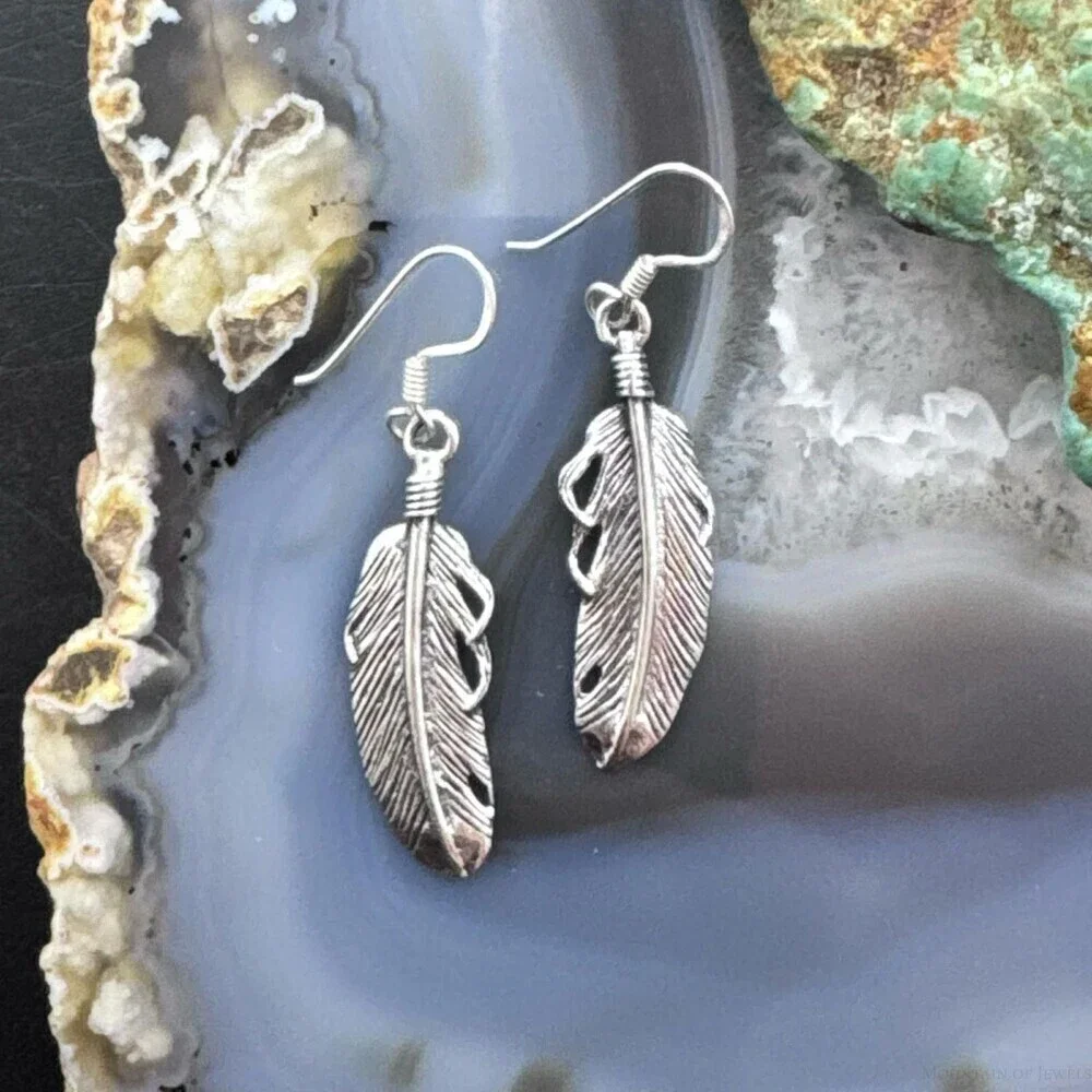 Sterling Silver Southwestern Style Feather Dangle Earrings For Women